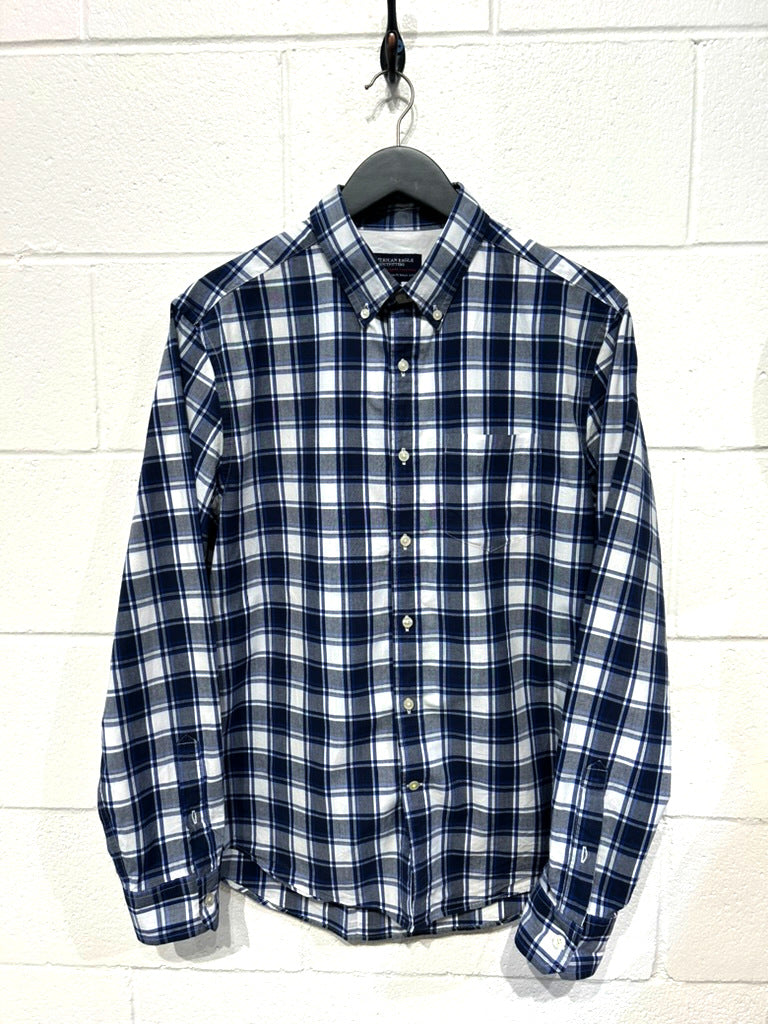 A.P.C top Men's Blue Plaid Print Button Up Long Sleeve Shirt Size XL