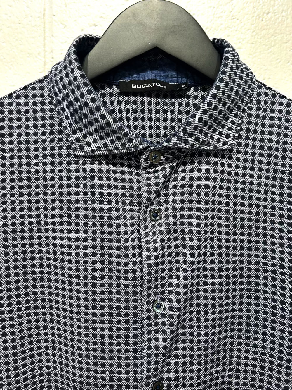Men's M 100% Cotton Knit Shirt, Long Sleeve, Button Up, Navy Dot Pattern, Spread Collar, Bugatchi