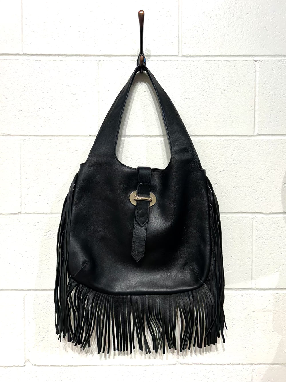 Black leather fringe bag on sale