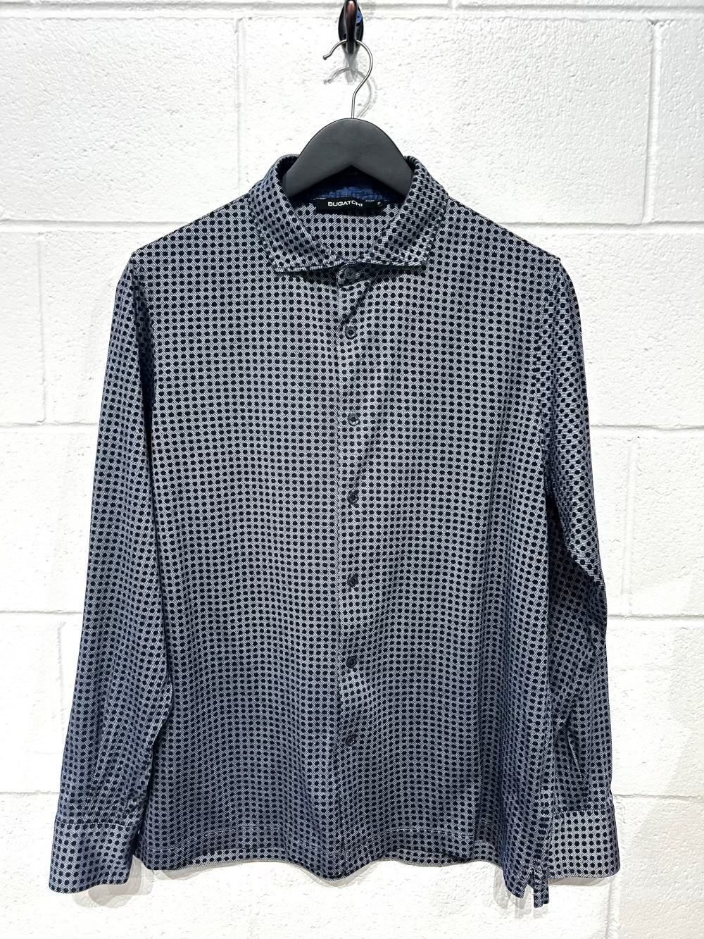 Men's M 100% Cotton Knit Shirt, Long Sleeve, Button Up, Navy Dot Pattern, Spread Collar, Bugatchi