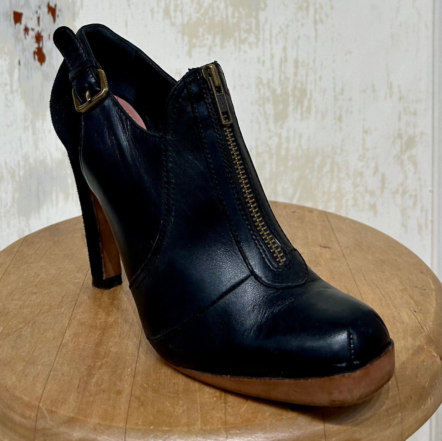 Women's Shoes - 7.5 B US, Derek Lam, Black Leather and Suede Heels, Booties, Shorties, Vamp Zip, Side Buckle, Leather Soles