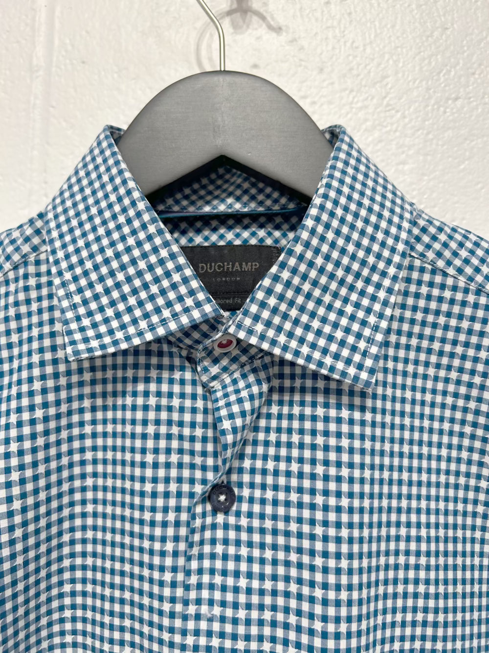 Men's M 15-1/2 Cotton Shirt, Long Sleeve, Button-up, Teal/White Star Check, Slim Fit, Duchamp London