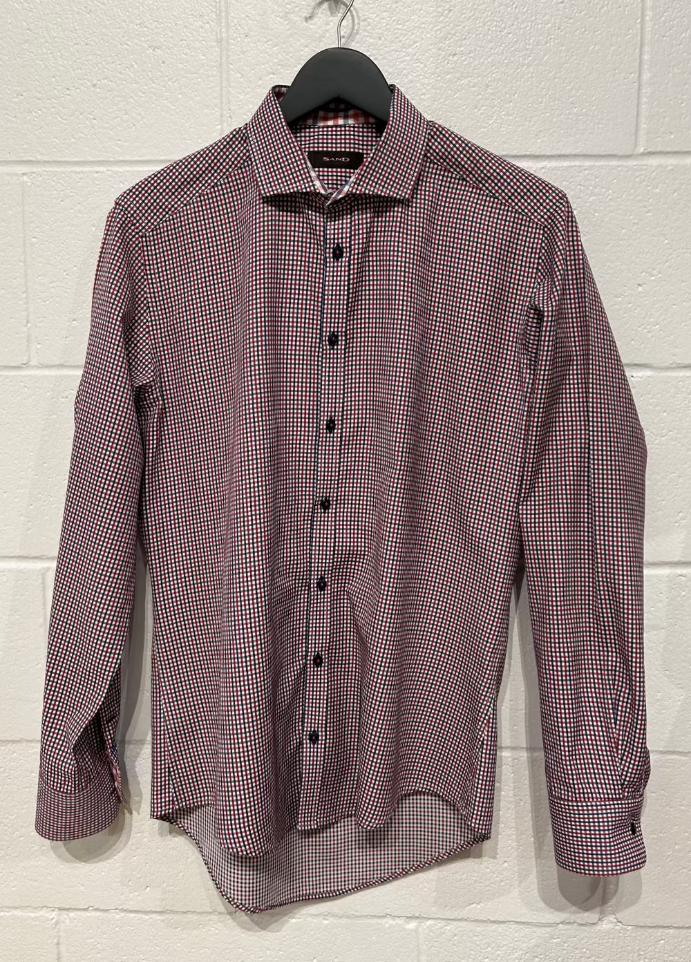 Men's M Cotton Shirt, Long Sleeve, Button-up, Navy/Red/White Plaid, Slim Fit, Sand