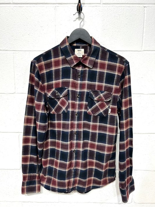 Men's S Shirt, 97% Cotton Long Sleeve, Button Up, Black/Burgundy/Cream Plaid, tailored Fit, Vans