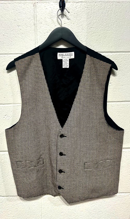 Men's XL Vest /Waistcoat, Houndstooth, Tan with Burgundy and Olive Green, 85% Polyester 15% Rayon , Vintage Nino Foriero