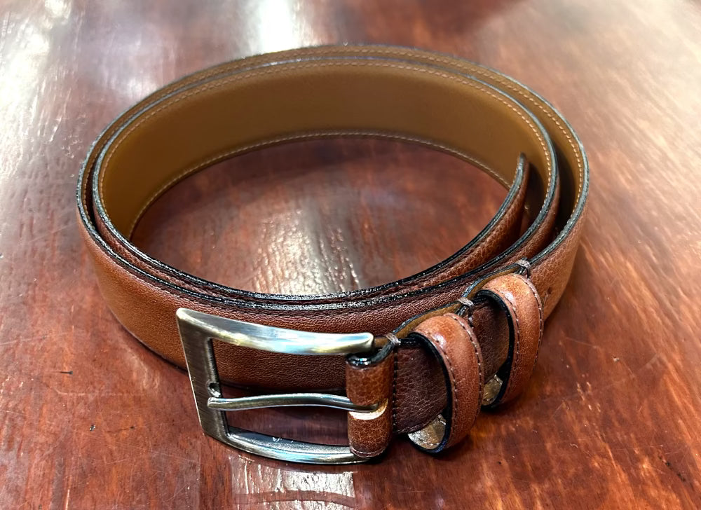 36 Brown Leather Belt, Brushed Silver  Buckle, Danielle Hechter