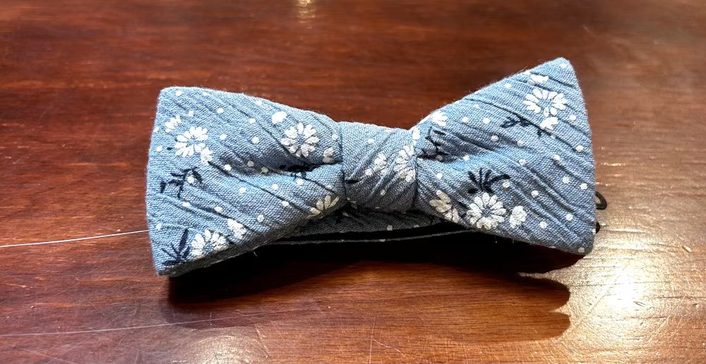 Bow Tie, Cotton Blend Denim Blue Floral, Pre-Tied, Penguin