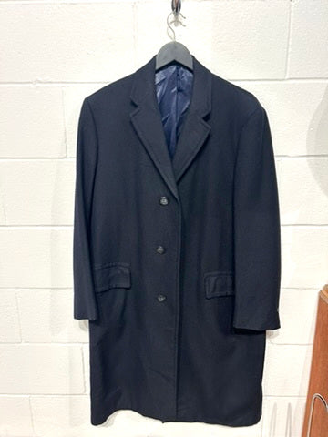 Men's 40R Vintage Worsted Wool Overcoat, Navy Harringbone- by Ambassador