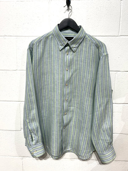 Men's L Linen Shirt,  Long Sleeve, Button Up, Green/Blue/White Stripe, W collection