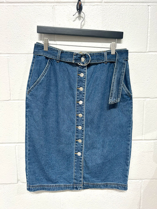 Women's 8  Denim Skirt 100% Cotton w Button Front, Pockets