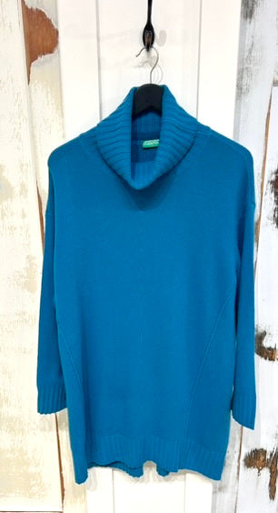 Women's M Sweater Wool Turtleneck Long Oversize Tunic Teal, Benetton