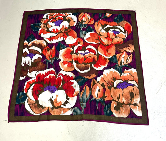 Perry Ellis Square Fine Weave Wool Floral Plum Brown Scarf, tags removed