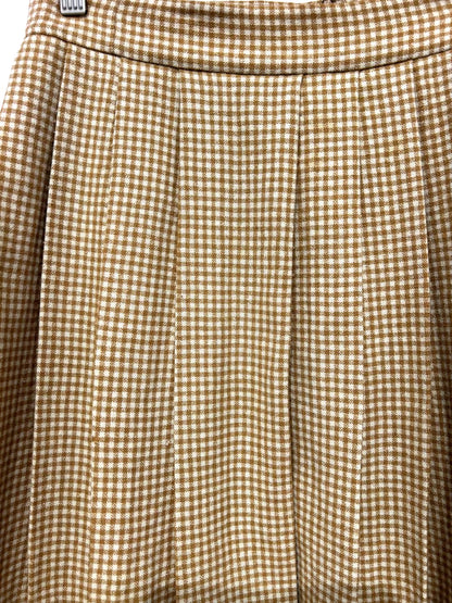 Women's S Vintage Skirt Mini Pleated Ochre and Cream Gingham Wool, Handmade