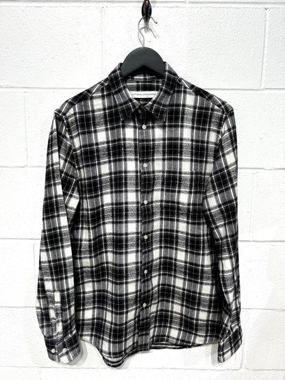 Men's M Shirt, 100% Cotton Long Sleeve, Button Up, Plaid Black/Cream Flannel - National Standard