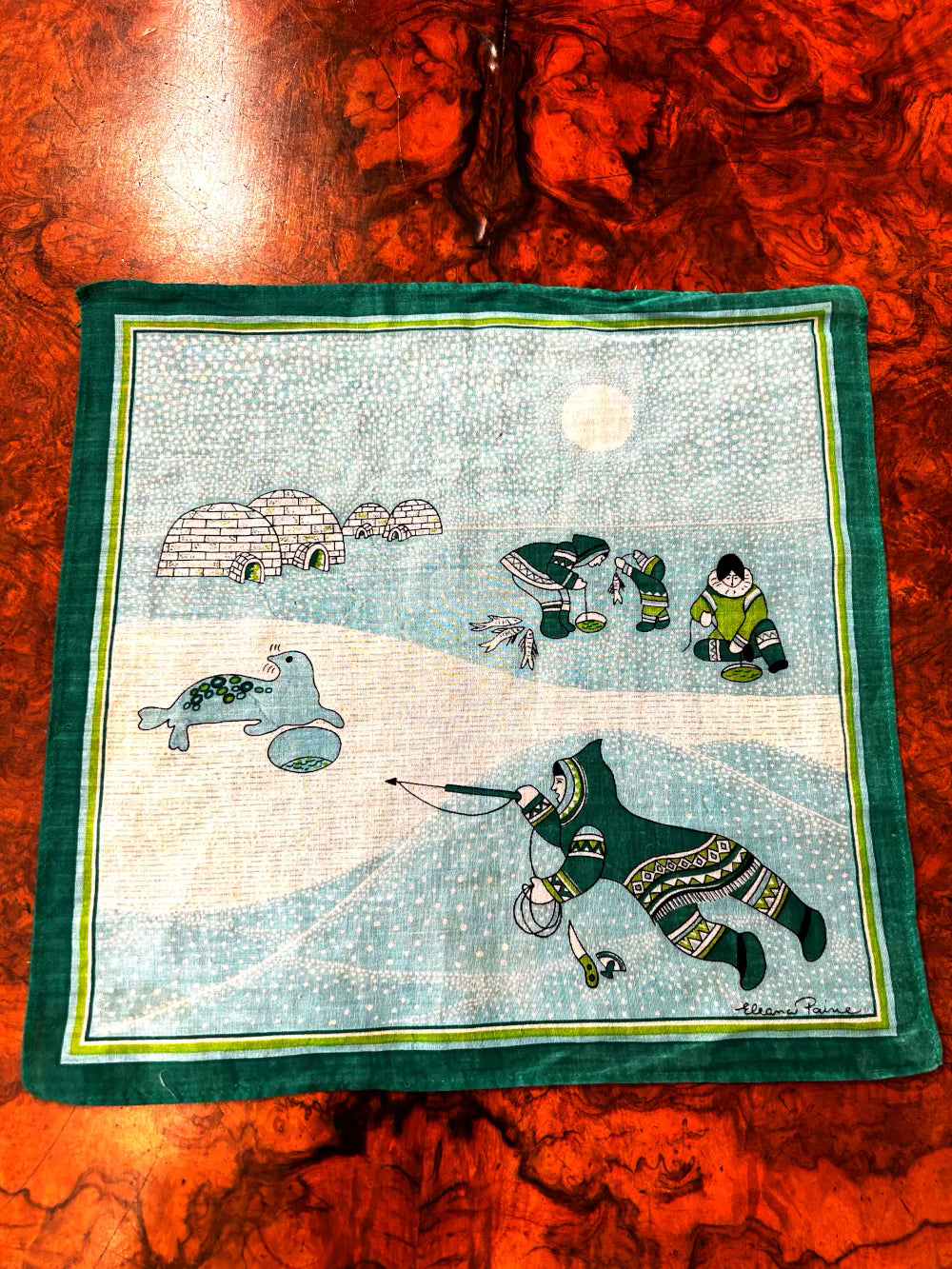 Vintage Cotton Pocket Square Scarf, Arctic Seal Hunt, signed Eleanor Paine