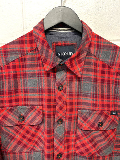 Men's M Shirt, 100% Cotton Long Sleeve, Button Up, Plaid Red/Grey Flannel - Kolby