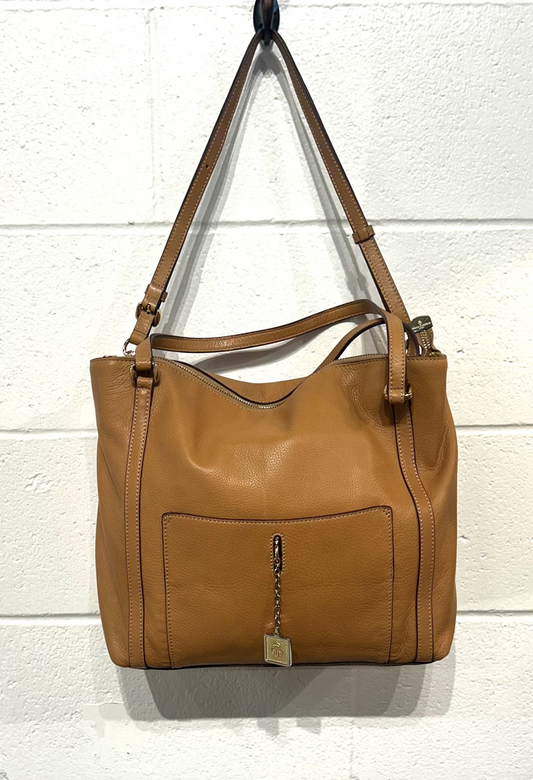 Tocco Tuscano, Caramel Leather Tote,Top Zip with Top Handles & Shoulder Strap, Lots of Storage Internally