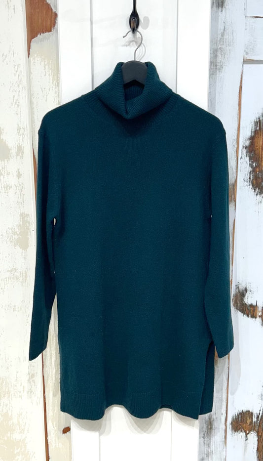 Women's M Sweater Wool-Cashmere Turtleneck Long Tunic Pine Green, Massimo Dutti