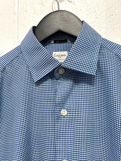 Men's M 15-3/4 Cotton Shirt,  Long Sleeve, Button Up, Aqua and Navy Microcheck, Tailored Fit, Culturata