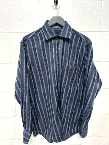 Men's M 100% Cotton Shirt,  Long Sleeve, Button Up, Navy and Grey Geometric Pattern, Spread Collar, Bugatchi