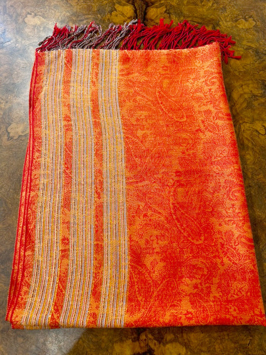 Medium Pashmina Style Silk-wool Scarf, Orange with Metallic Threads, Paisley Woven Design