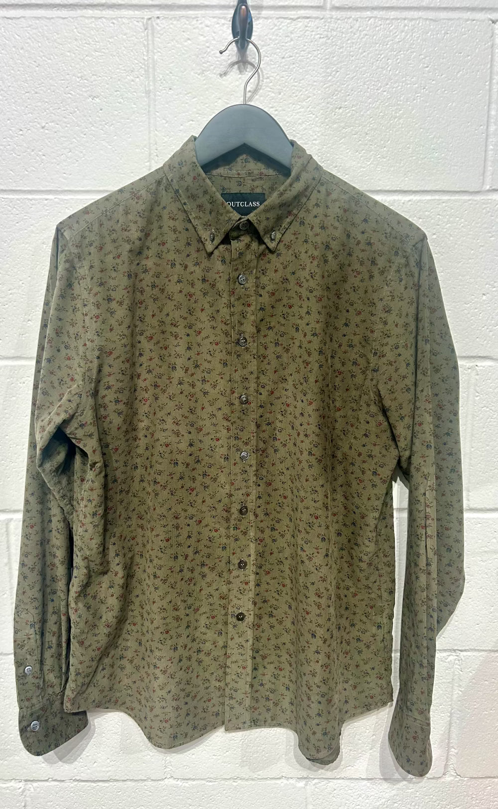 Men's L Olive Green Cord Printed Shirt, Long Sleeve, Button Up, Outclass