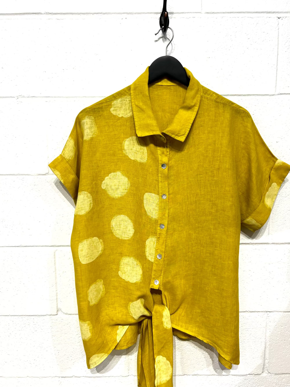 Women's  M+  Linen Top Shirt, Mustard, Short Sleeve, Tie Front