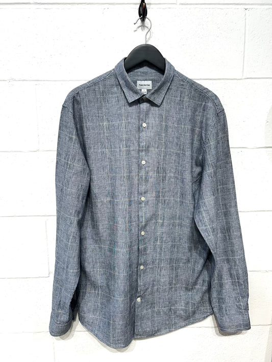 Men's L Linen-Cotton Shirt,  Long Sleeve, Button Up, Navy Prince of Wales Check, Frank and Oak