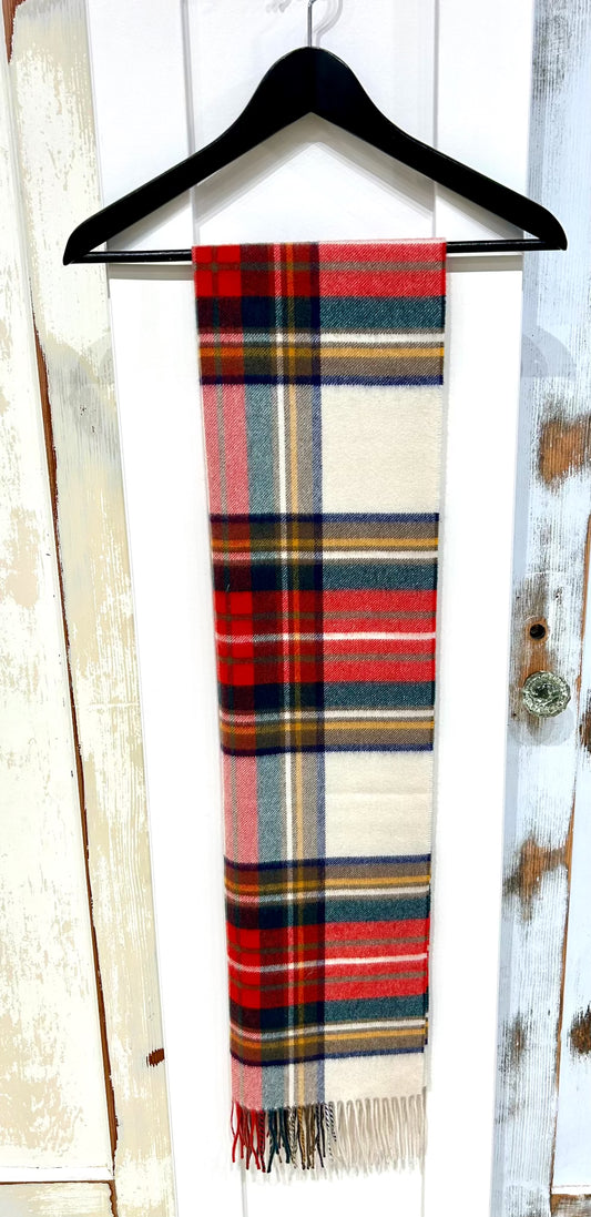 Cashmere Plaid Scarf, Cream/Red/Multi, Fringe, tags removed