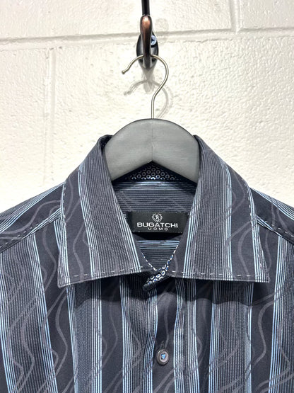 Men's M 100% Cotton Shirt,  Long Sleeve, Button Up, Navy and Grey Geometric Pattern, Spread Collar, Bugatchi