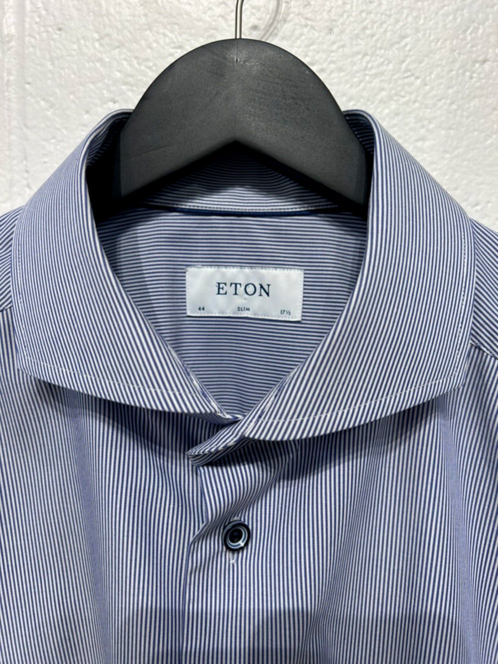 Men's XL 17-1/2 Cotton Shirt, Long Sleeve, Button Up, Blue/White Stripes, Slim Cut, Eton