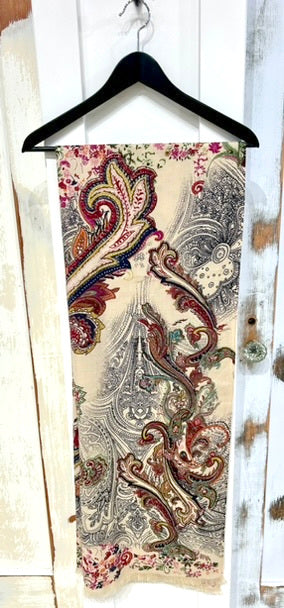 Pashmina Scarf, Fine Wool, Printed Paisley Pattern Beige Multi