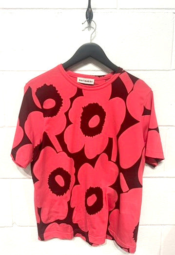 Women's M Top T-Shirt Cotton, Pink Poppy Print, Marimekko