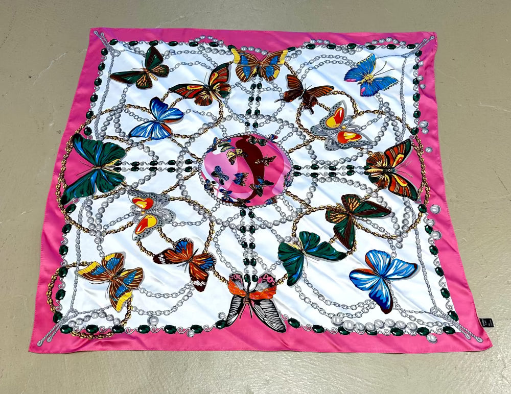 Large Pink/Green/Cream Butterfly Silk Scarf