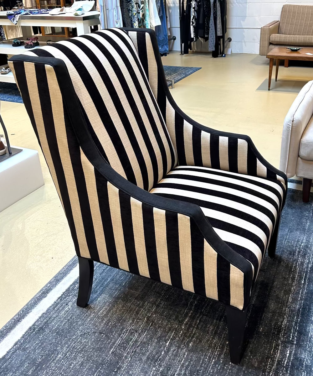 Local Pickup Only - Ivory & Black Chenille Stripe Wing Armchair