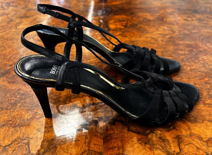 Women's Shoes - 37-1/2 EU (approx. 6.5-7 US), Hugo Boss Black Leather Stiletto Sandal Leather Sole Heels