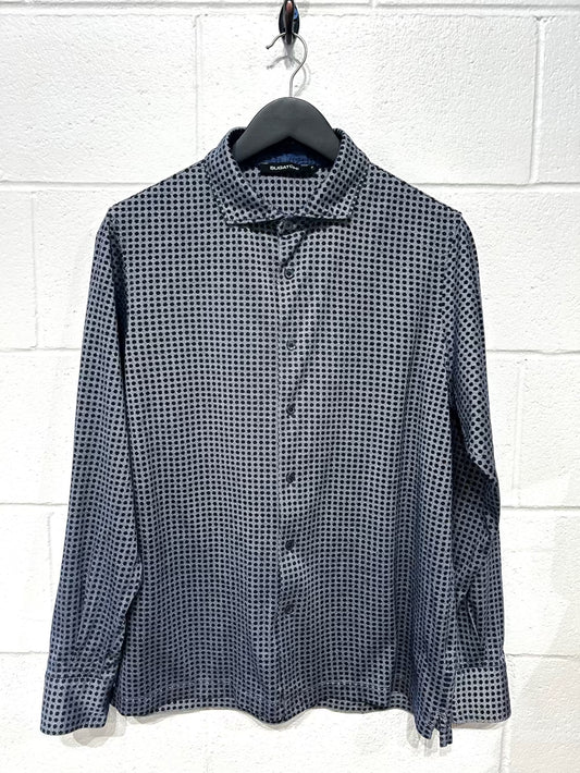 Men's M 100% Cotton Knit Shirt,  Long Sleeve, Button Up, Navy Dot Pattern, Spread Collar, Bugatchi