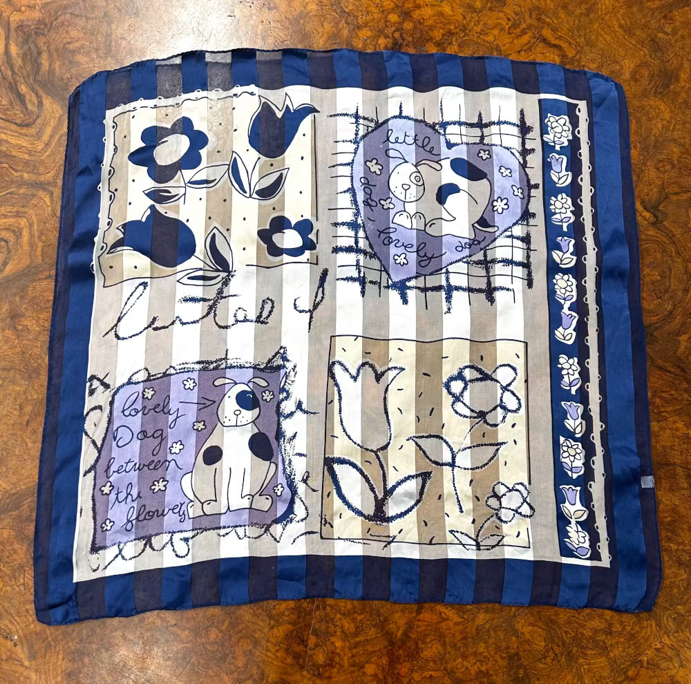 Square 100% Silk Scarf, Blue/Cream Puppy Pattern