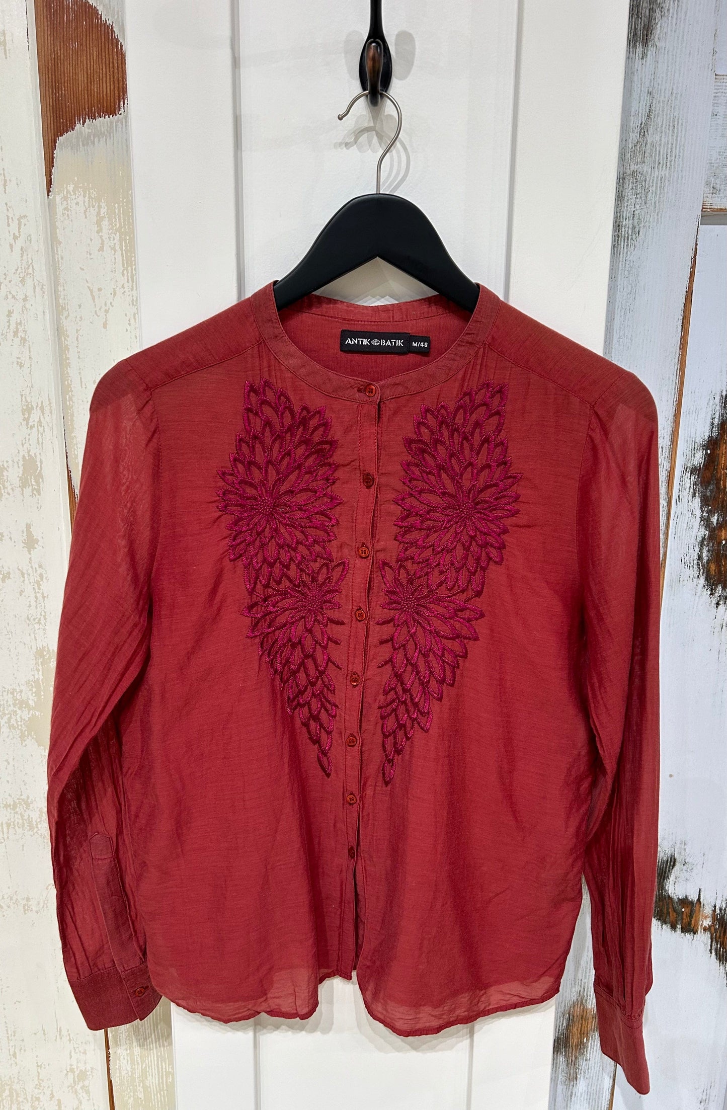 Women's M 40 Top Blouse, Embroidered, Sheer, Long Sleeve - Soft Red, Antik Batik