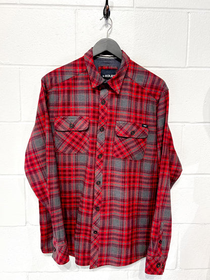 Men's M Shirt, 100% Cotton Long Sleeve, Button Up, Plaid Red/Grey Flannel - Kolby