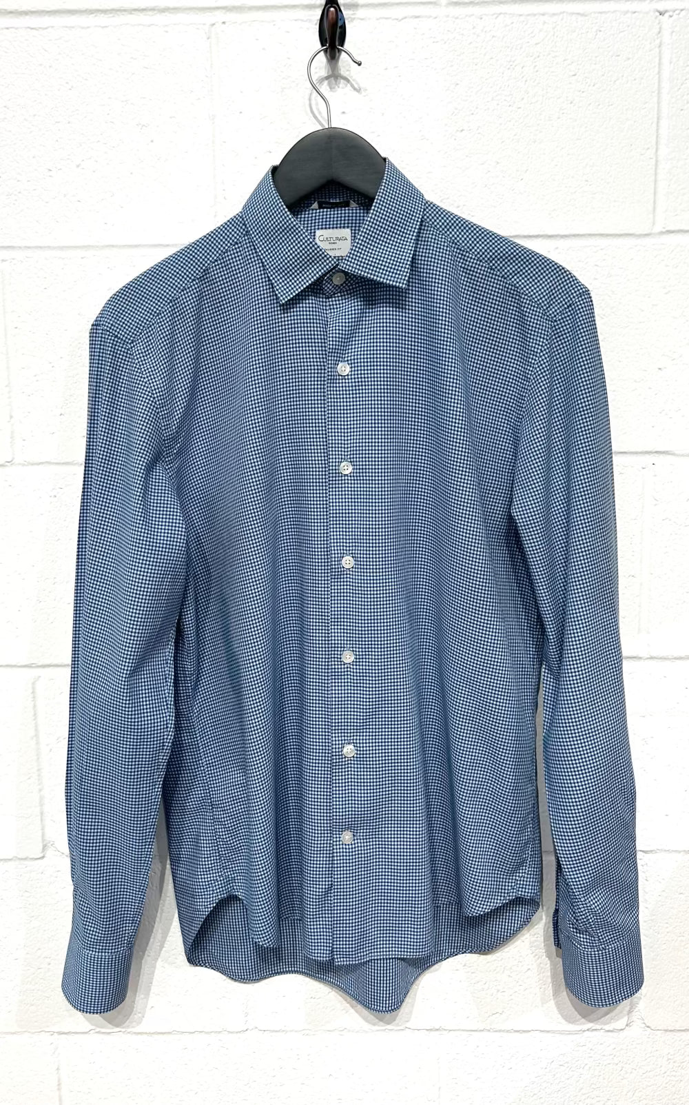 Men's M 15-3/4 Cotton Shirt,  Long Sleeve, Button Up, Aqua and Navy Microcheck, Tailored Fit, Culturata