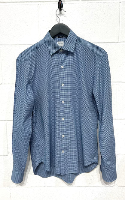 Men's M 15-3/4 Cotton Shirt,  Long Sleeve, Button Up, Aqua and Navy Microcheck, Tailored Fit, Culturata