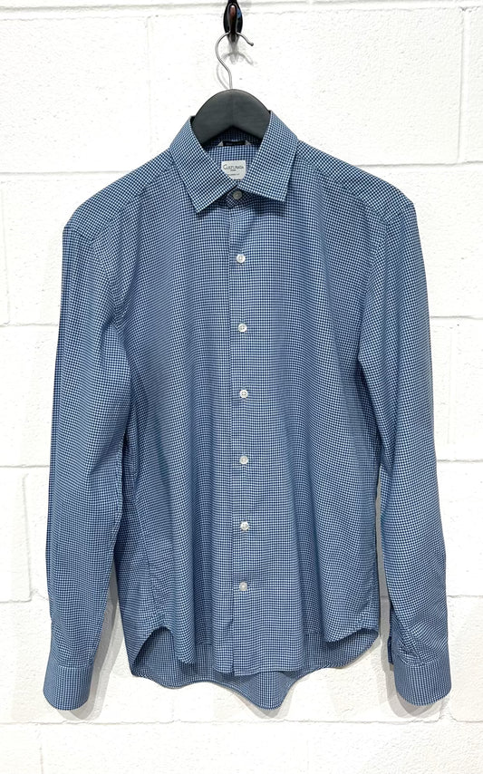 Men's M 15-3/4 Cotton Shirt,  Long Sleeve, Button Up, Aqua and Navy Microcheck, Tailored Fit, Culturata