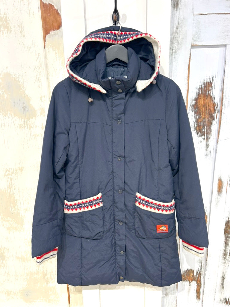 Women's M 38 Vintage Winter Coat Down Jacket - Navy with Wool Trim, Luv Symbols