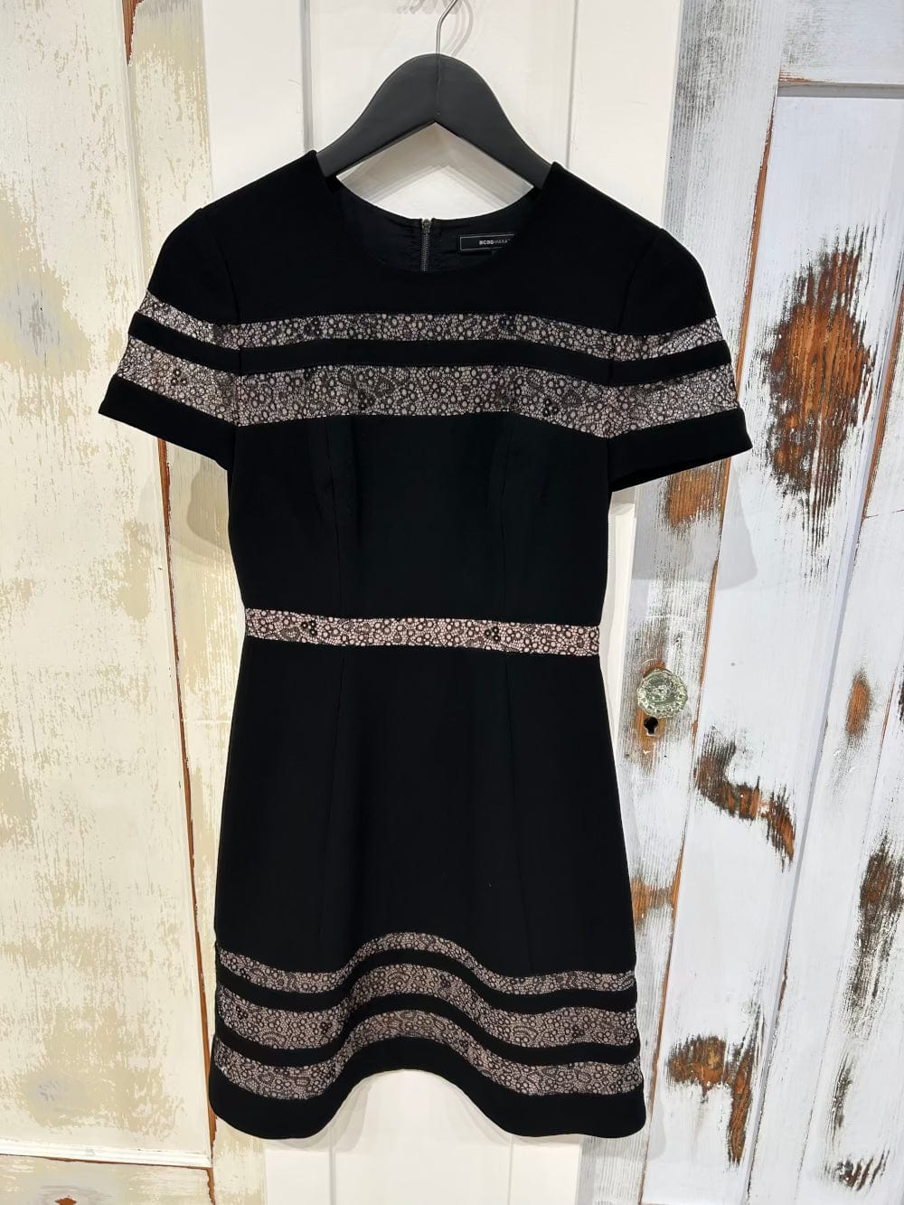 Women's Dress 2 Short Sleeve Fit and Flare Lace Panel "Kalli" - Black, BCBG Max Azria