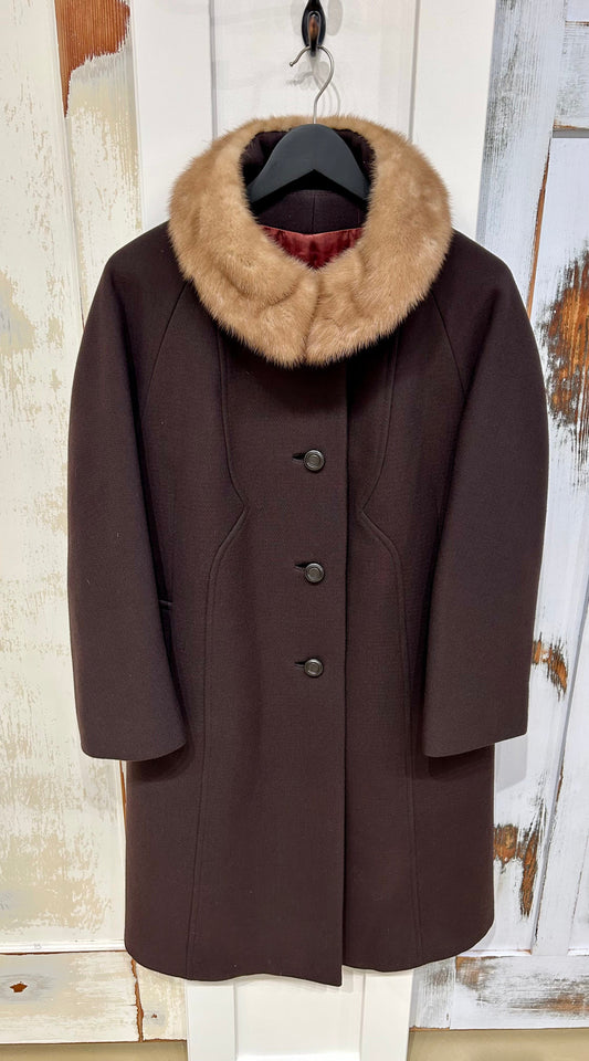 Vintage Women's M-L Long Coat 100% Wool w Real Fur Collar - Brown, no brand tags