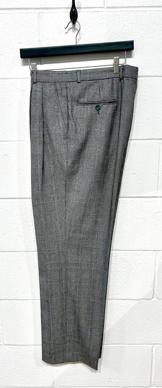 Men's Trousers, 35-36? Wool, Straight, 2 Pleats, Grey Glen Plaid Prince of Whales Check