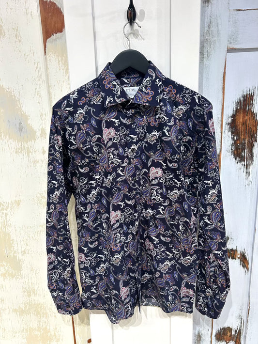 Men's M 15-3/4 Cotton Shirt, Long Sleeve, Button Up, Navy Paisley, Eton