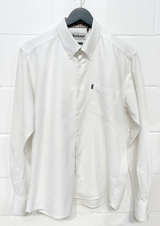 Men's M Shirt,  Long Sleeve, Button Up, White Cotton with Plaid Inserts, Tailored Fit, Barbour