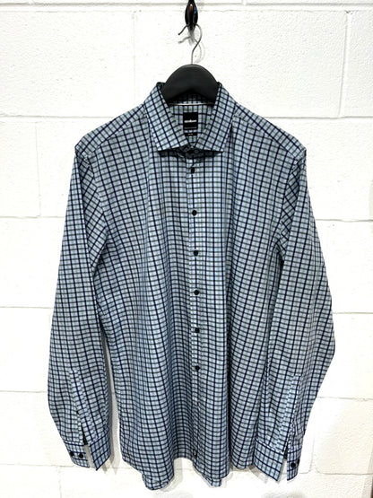 Men's XL 17 Cotton Shirt,  Long Sleeve, Button Up, Grey/Green/Black Window Check Strellson Slim Fit